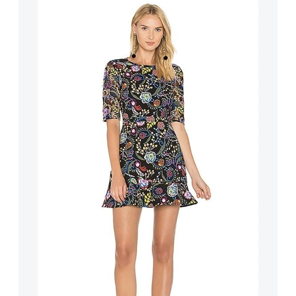 Saloni Celia Dress US 4 Black Floral Lace Sleeve Mini Fit Flare Cocktail